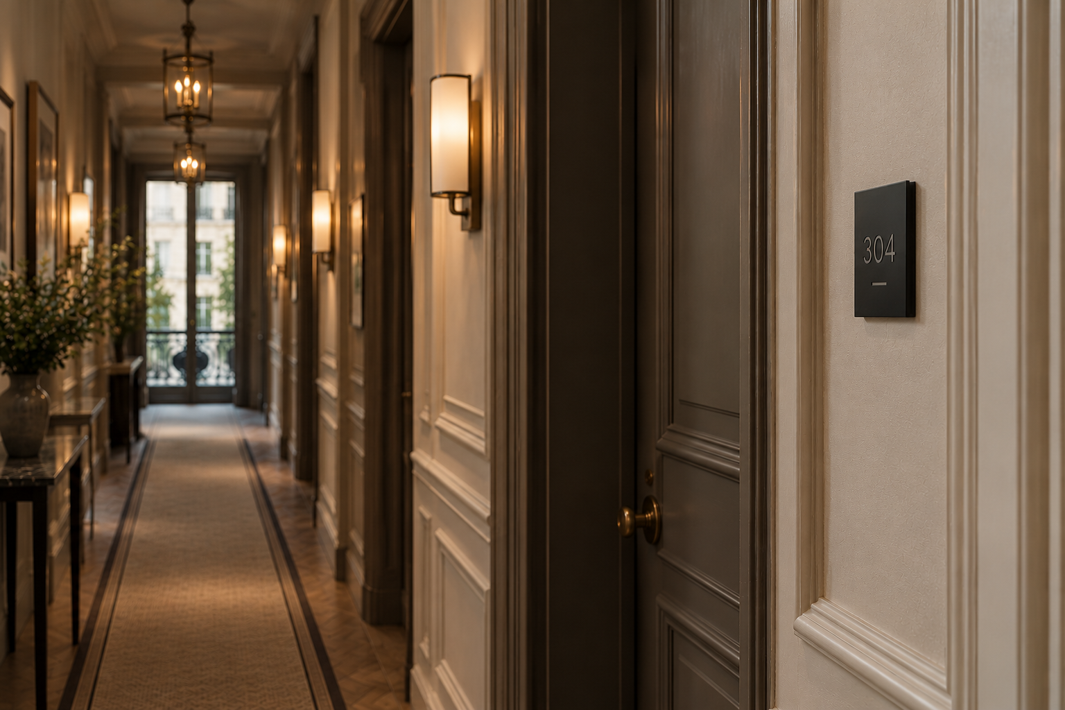 Signalétique hôtelière sur mesure – plaque de chambre en plastique noir mat dans un hôtel parisien
